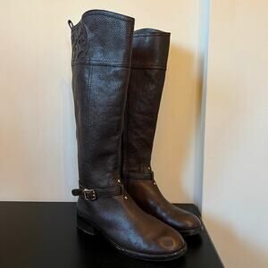 Tory Burch Marlene Logo Harness Genuine Leather Tall Riding Boots Dark Brown 8M